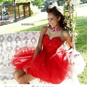 Sherri Hill 21227 red homecoming prom wedding rhinestone tutu sequence dress ￼